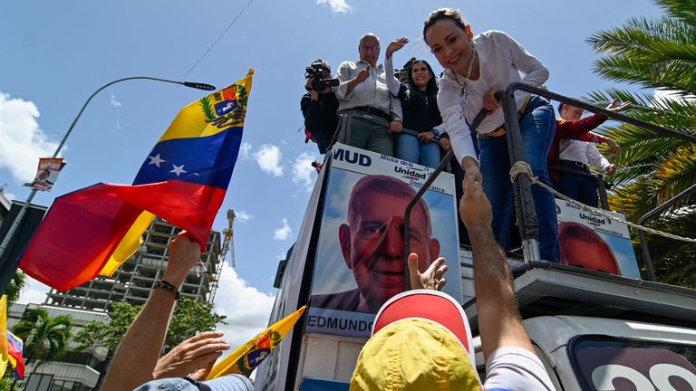 Venezuelan opposition leader Maria Corina Machado attends a protest against election results on 3 August. Pic: Reuters