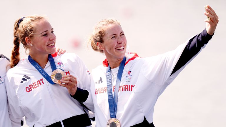 Great Britain's Mathilda Hodgkins-Byrne and Rebecca Wilde take a selfie as they receive their bronze medals for the Women's Rowing Double Sculls .
Pic: PA