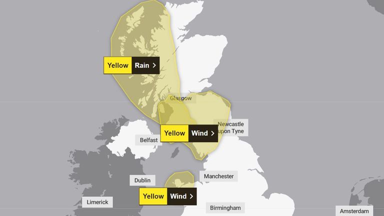 Yellow weather warning for wind issued by Met Office. Uploaded 21 August 2024. Pic: Met Office