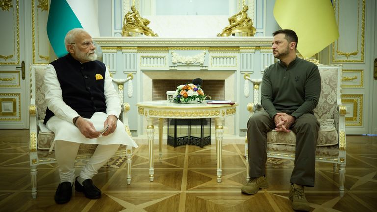 Narendra Modi meeting with Volodymyr Zelenskyy in Kyiv today. Pic: A