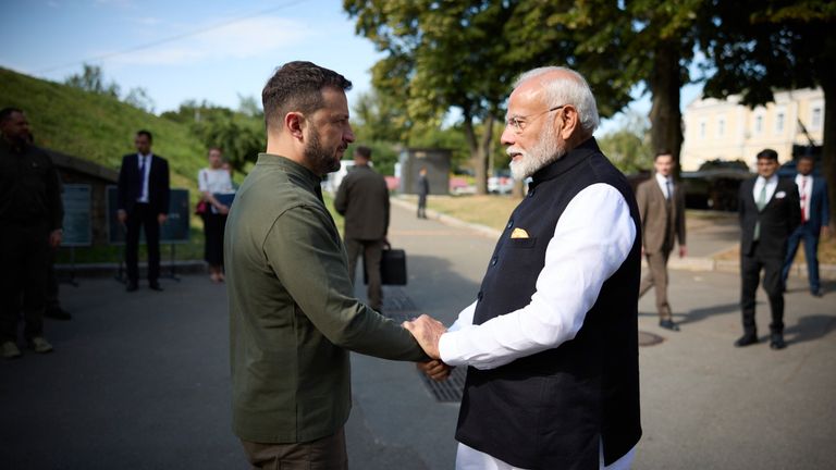 This photo provided by the Ukrainian Presidential Press Office, shows Indian Prime Minister Narendra Modi, right, meeting with Ukrainian President Volodymyr Zelenskyy at the Martyrologist Exposition in Kyiv, Ukraine, Friday, Aug. 23, 2024. (Ukrainian Presidential Press Office via AP)