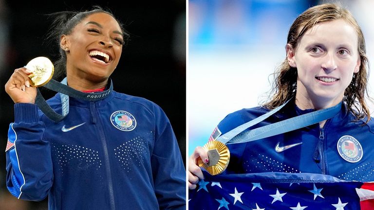 Simone Biles and Katie Ledecky both won gold medals in Paris (Pics: Reuters)