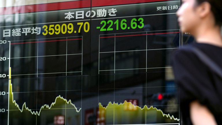 Japan's Nikkei 225 index shares tumbling. Pic: AP