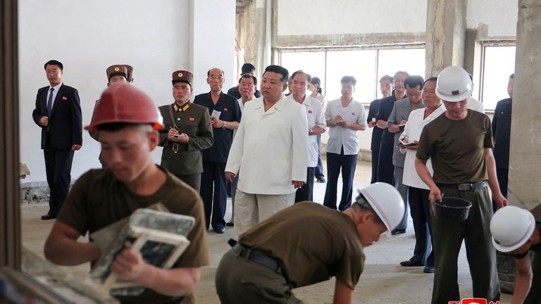 North Korean leader Kim Jong Un inspects ongoing work, during a visit to the construction sites of various North Korean industrial factories.
Pic KCNA/Reuter