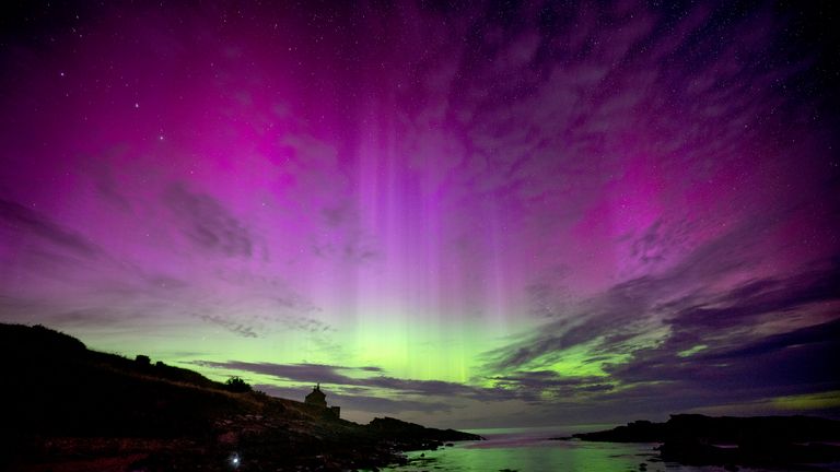 The aurora borealis, also known as the northern lights, fill the sky over The Bathing House in Howick, Northumberland on Monday night and into the early hours of Tuesday. Picture date: Tuesday August 13, 2024. PA Photo. Photo credit should read: Owen Humphreys/PA Wire 