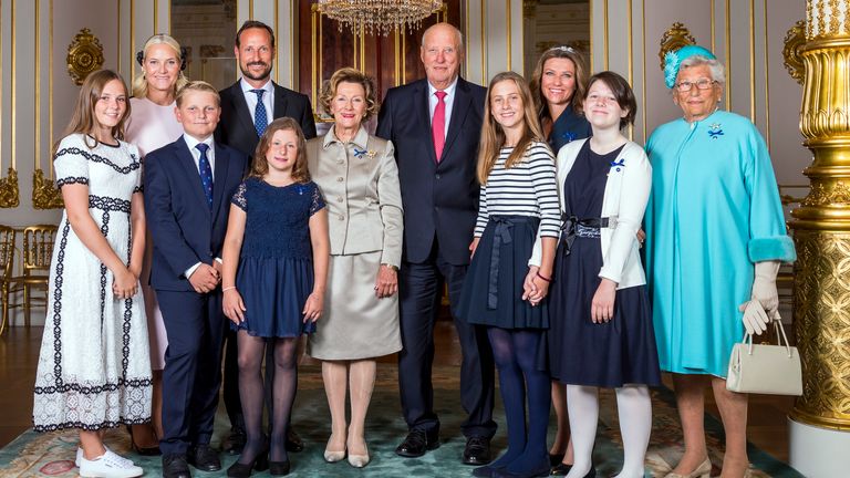 The Norweigan Royal Family, with King Harald (centre right), Queen Sonja (centre left), and Princess Martha Louise (third right). Pic: AP