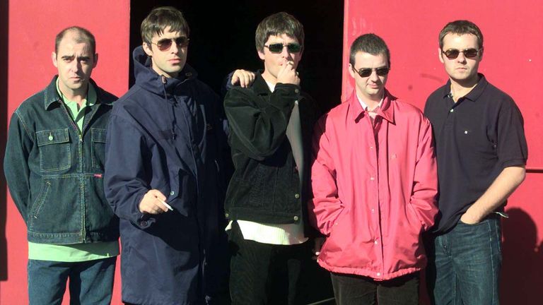 Oasis pictured in 1997 (L-R): Paul &#39;Bonehead&#39; Arthurs, Liam Gallagher, Noel Gallagher, Paul &#39;Guigsy&#39; McGuigan and Alan White. Pic: Reuters