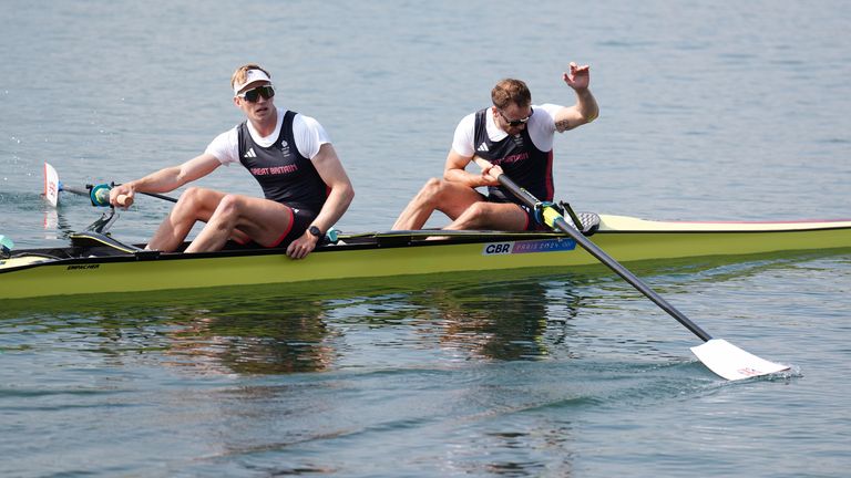 Ollie Wynne-Griffith and Tom George react after winning silver in the men's pairs rowing final. Pic: PA