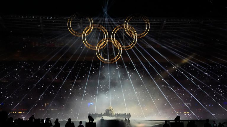 The Olympic rings are formed during the closing ceremony. Photo: Rob Schumacher-USA TODAY Sports / Reuters