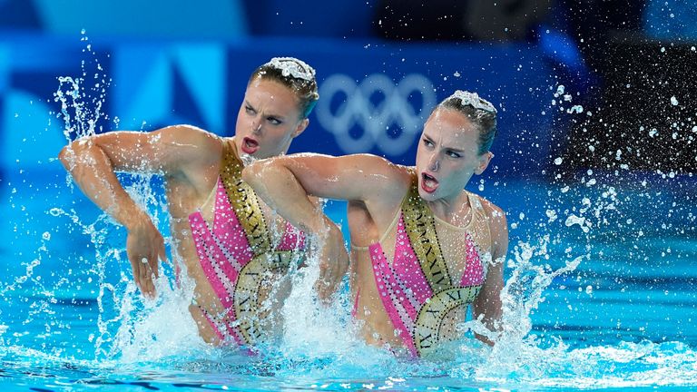 Kate Shortman and Isabelle Thorpe perform their history-making routine at the Paris Olympics. Pic: AP