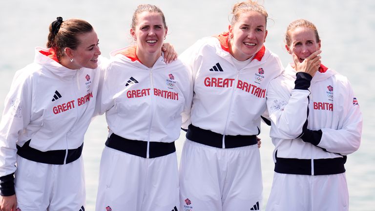 (L-R) Rebecca Shorten, Sam Redgrave, Esme Booth and Helen Glover with their silver medals. Pic: PA