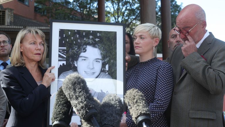 Owen Carey's family outside his inquest in London. Pic: PA