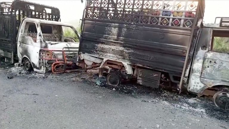 A view shows charred vehicles, after separatist militants conducted deadly attacks, according to officials, in Balochistan province, Pakistan, August 26, 2024, in this screengrab obtained from a video. Reuters TV via REUTERS