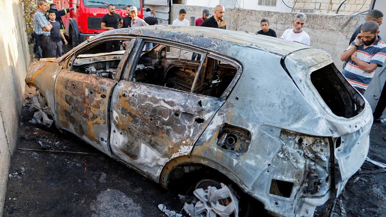 The scene of an Israeli strike on a car near Jenin. Pic: Reuters