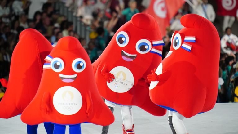 Performers dressed as The Phyrges, the official mascots of the Paris 2024 Paralympic Games. Pic: PA