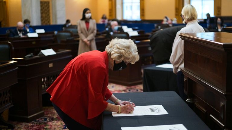 Ohio Elector Patti Alderman confirming electoral votes for the state in 2020. Pic: AP