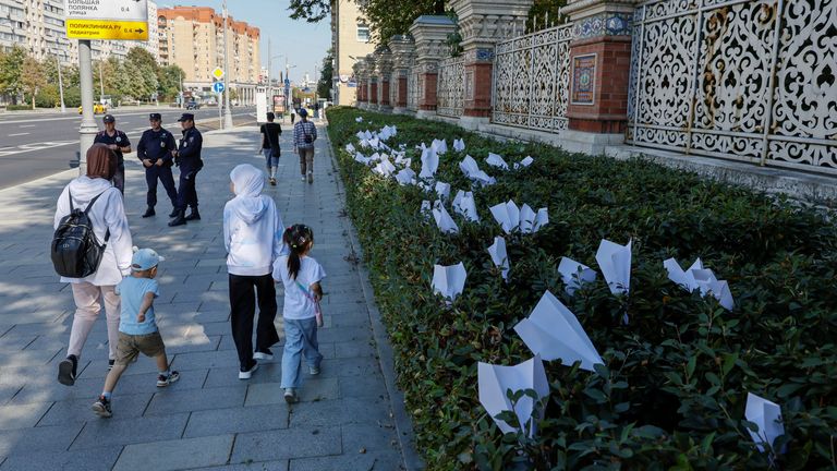 Following Durov's arrest, paper planes bearing the logo of messaging app Telegram were placed in Moscow in support of him. Photo: Reuters/Yulia Morozova