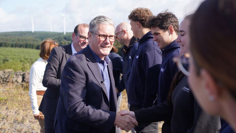 Keir Starmer and First Minister of Wales Eluned Morgan during a visit to Brechfa Forest West Wind Farm, a clean energy site in Pencader.
Pic: PA