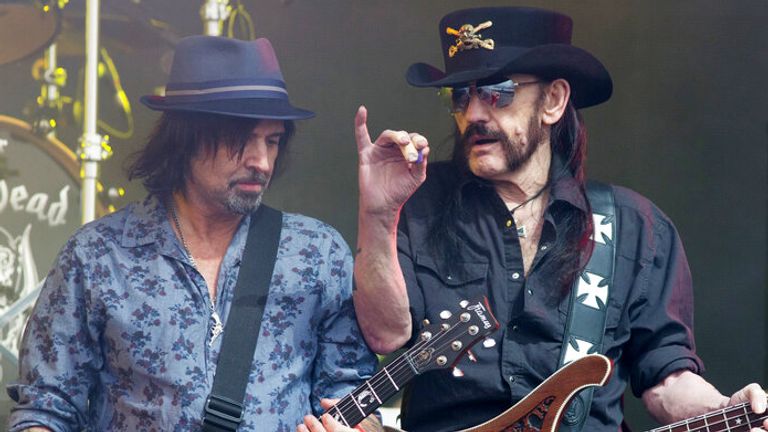 Guitarist Phil Campbell and singer Lemmy Kilmister of Motorhead perform at Glastonbury Music Festival on Friday, June 26, 2015 at Worthy Farm, Glastonbury, England. (Photo by Jim Ross/Invision/AP)


