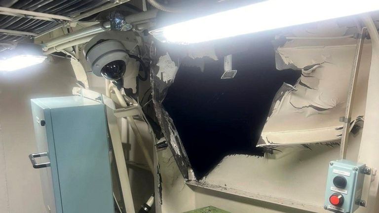 This photo provided by the Philippine Coast Guard, shows damage in the auxiliary room on the port side near the port auxiliary engine of Philippines coast guard vessel BRP Bagacay (MRRV-4410) after a collision with a Chinese coast guard ship Monday, Aug. 19, 2024 in the disputed South China Sea. (Philippine Coast Guard via AP)