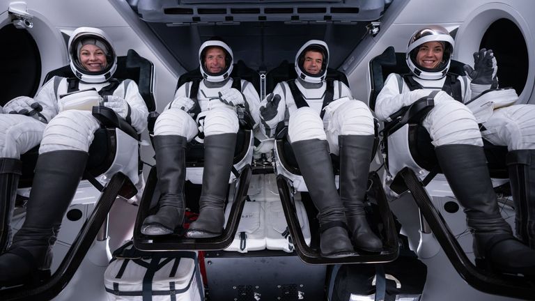  Photo by EyePress News/Shutterstock (14664570a).The Polaris Dawn crew at the Kennedy Space Center, from left to right: Anna Menon as mission specialists, retired Air Force Lieutenant Colonel Scott Kidd Poteet as its pilot, Jared Isaacman, CEO of Shift4, as commander, and SpaceX engineers Sarah Gillis completed a full rehearsal of launch day activities ahead of liftoff on Tuesday Aug 27, 2024. Polaris Dawn, a private space mission that aims to complete the first-ever civilian spacewalk, is expected to launch this week. On X, SpaceX said it's targeting Tuesday August 27 at 3:38AM ET for liftoff of the Falcon 9 rocket that will carry the Polaris Dawn crew to orbit. Led by billionaire Jared Isaacman, Polaris Dawn plans to send its crew of four private citizens as far as 870 miles from Earth - farther than any human has traveled since the Apollo program. The spacewalk, in which two of the crew members will step outside the SpaceX Dragon capsule, will take place at an altitude of 435 miles above Earth. (SpaceX handout via EYEPRESS).The Polaris Dawn Crew Prep for First Commercial Spacewalk at the Kennedy Space Center, Orlando, Florida - 26 Aug 2024