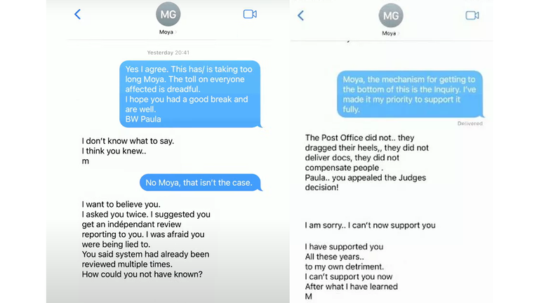 Text messages between Paula Vennells and Dame Moya Greene.
Pic: Post Office Inquiry