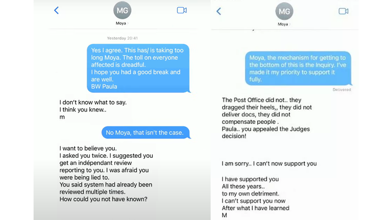 Text messages between Paula Vennells and Dame Moya Greene.  Photo: Correios Consultation