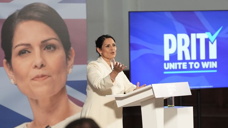 Priti Patel speaking at a Conservative Party leadership campaign event.
Pic: PA