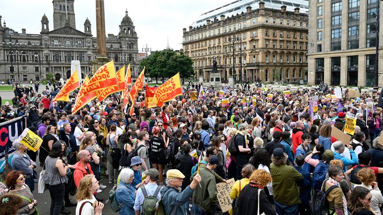 Demonstrators during an anti-racism protest organised by Stand Up to Racism, in George Square, Glasgow. Picture date: Saturday August 10, 2024.