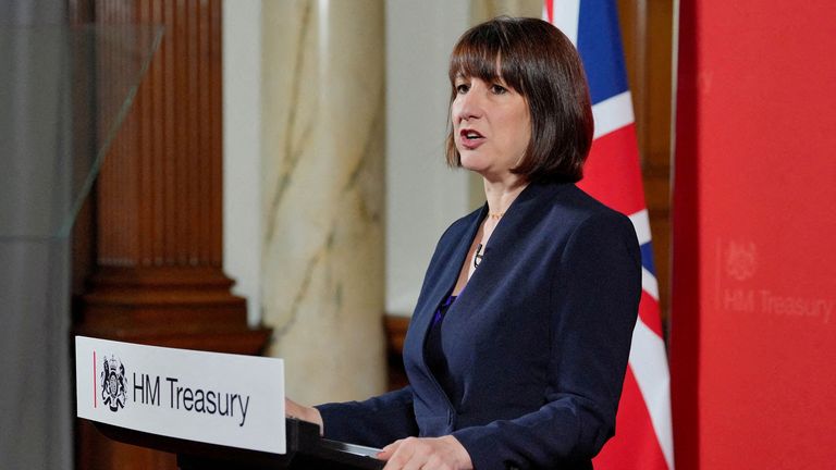 FILE PHOTO: Chancellor of the Exchequer Rachel Reeves gives a speech at the Treasury in London, Britain, to an audience of leading business figures and senior stakeholders, announcing the first steps the new Government will be taking to deliver economic growth. Picture date: Monday, July 8, 2024. Jonathan Brady/Pool via REUTERS/File Photo