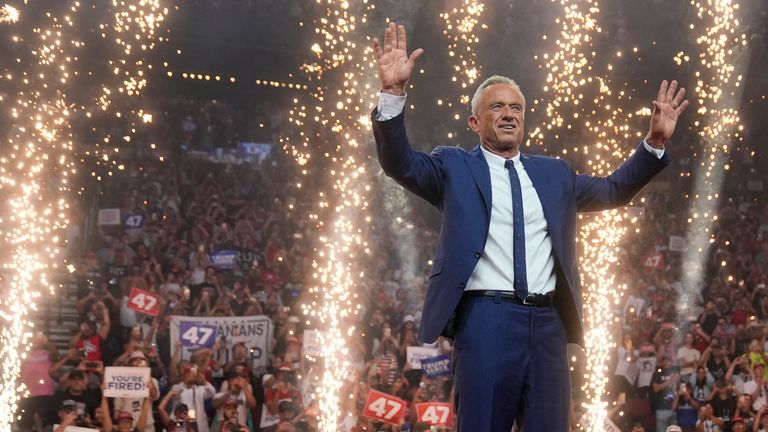 Independent presidential candidate Robert F. Kennedy Jr. arrives to endorse Republican presidential nominee former President Donald Trump at a campaign rally at the Desert Diamond Arena, Friday, Aug. 23, 2024, in Glendale, Ariz. (AP Photo/Evan Vucci)