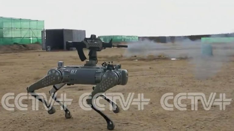 A robot dog armed with a rifle seen in a military drill, from Chinese state media outlet CCTV