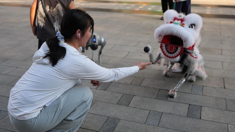 A woman plays with a robot dog dressed in a Chinese dragon costume