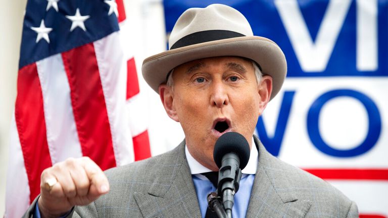 Roger Stone speaks at a Trump rally in Washington in 2021. Pic: AP