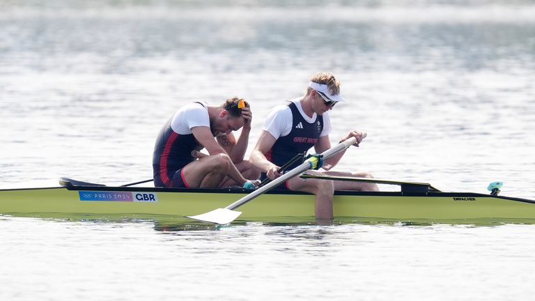 Great Britain's Ollie Wynne-Griffith and Tom George react after winning silver in the Rowing Men's Pair finals at the Vaires-sur-Marne Nautical Stadium on the seventh day of the 2024 Paris Olympic Games in France. Picture date: Friday August 2, 2024.  