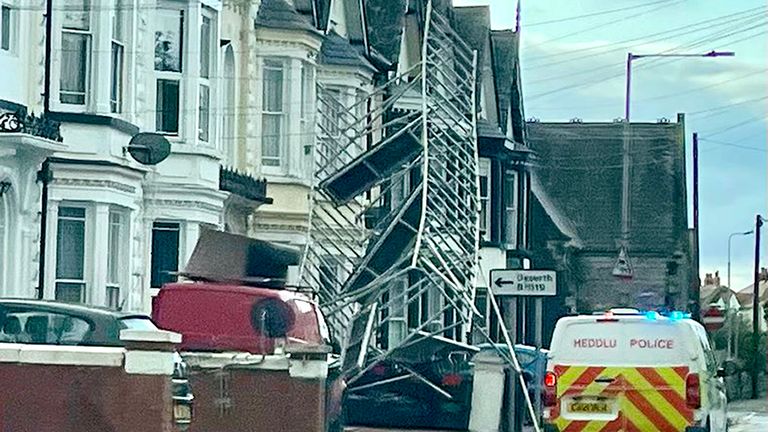 Scaffolding that has been blown over in Rhyl, Wales, as storm Lilian hits the UK.
Pic:David Bailey/PA 