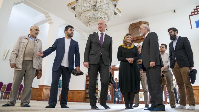 Prime Minister John Swinney meets with Imam Habib Rauf (centre left) and members of the Muslim community at Edinburgh's Central Mosque, to provide reassurance following incidents of unrest seen in towns and cities elsewhere in the UK in weekend.  Photo date: Monday, August 5, 2024.