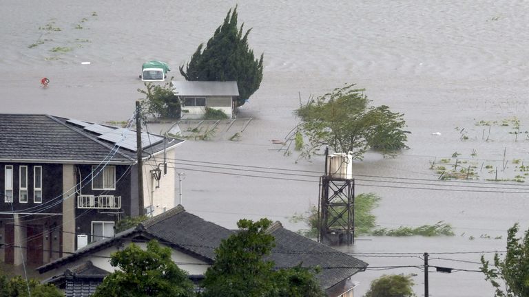 A farmland is submerged due to floods caused by heavy rains from Typhoon Shanshan in Yufu, Oita Prefecture, southwestern Japan.
Pic: Reuters
