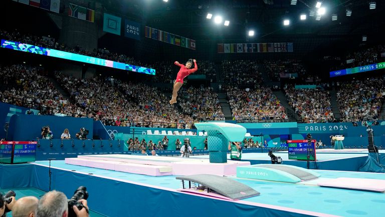 Aug 3, 2024; Paris, France; Simone Biles of the United States competes on the vault on the first day of gymnastics event finals during the Paris 2024 Olympic Summer Games at Bercy Arena. Pic: Reuters