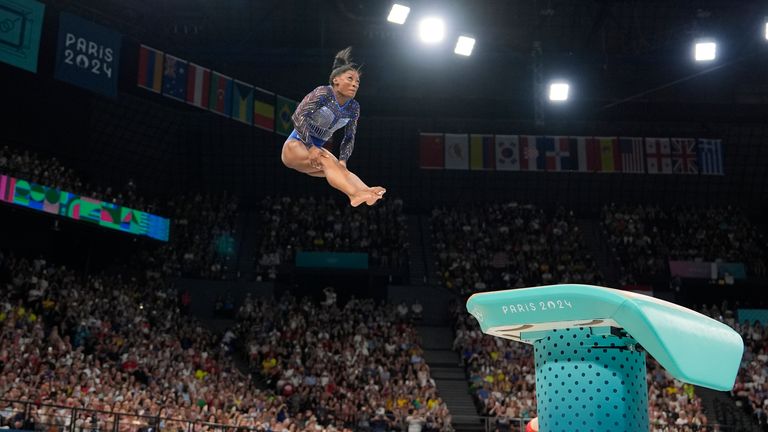 Biles performs on the vault during the all-around finals. Pic: Pic: AP 