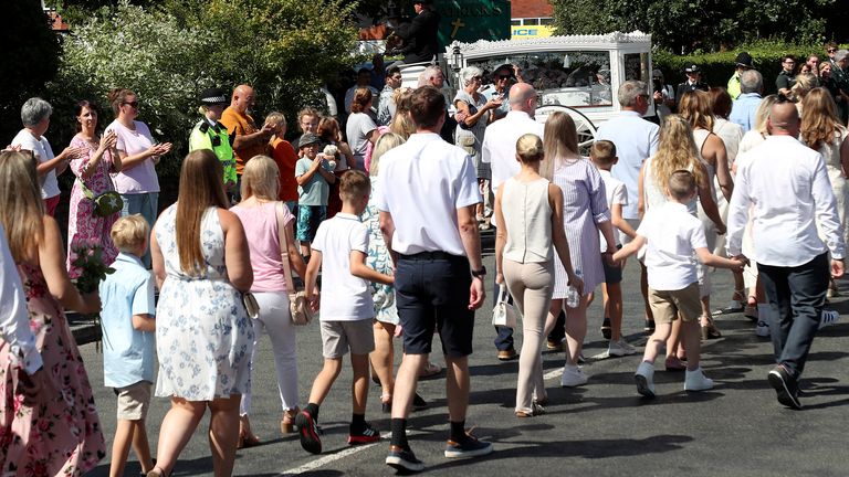 The funeral cortege arrives for the funeral of Alice da Silva Aguiar at St Patrick's Church in Southport. Pic: AP