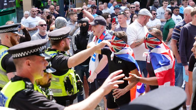 People protest in Leeds following the stabbing attacks on Monday in Southport, in which three young children were killed. Picture date: Saturday August 3, 2024.

