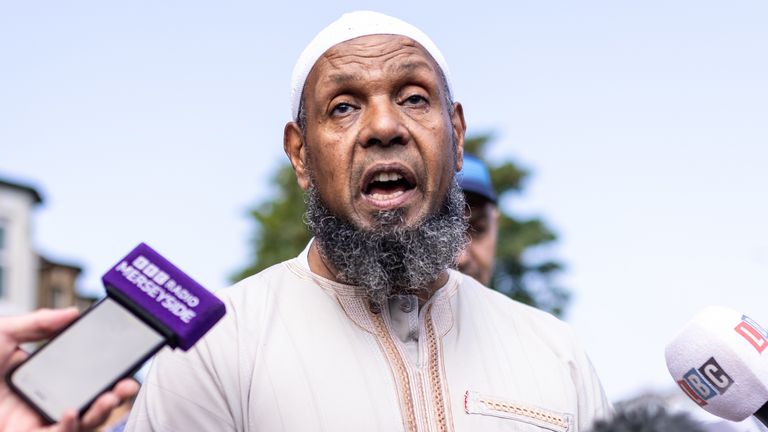 Imam Sheik Ibrahim Hussein, speaks to media outside Southport Islamic Centre Mosque on Sussex Road in Southport, Merseyside, after police officers suffered serious injuries when bricks, stones and bottles were thrown and cars were set alight during violent protests following a vigil for three girls killed in a knife attack at a Taylor Swift-themed holiday club on Monday. Picture date: Wednesday July 31, 2024.