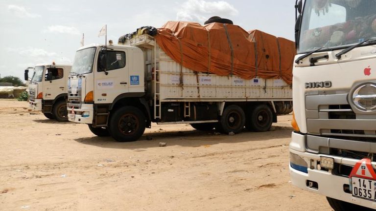 Trucks crammed with humanitarian aid for people in desperate need in North Darfur arevnow stuck in Tiné, Chad/Sudan border. Pic: Sky News