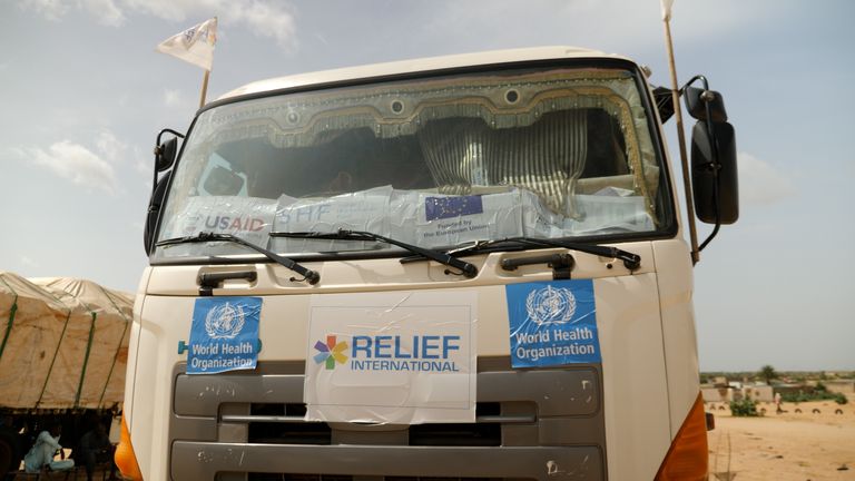 The trucks are covering in stickers showing they are filled with aid. Pic: Sky News