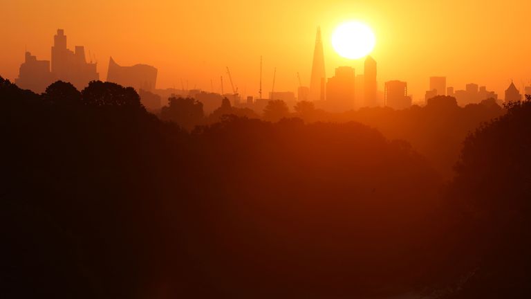 The sun rises above the London skyline as a cyclist trains during hot weather, in Richmond Park.
Pic: Reuters