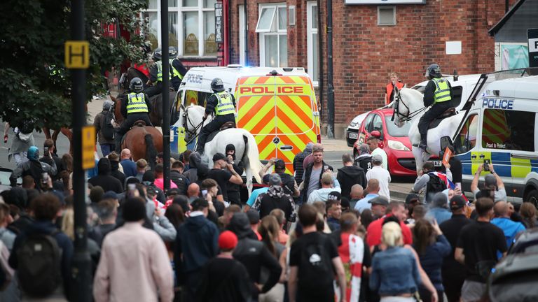 People protest in Sunderland city centre following the stabbing attacks on Monday in Southport.