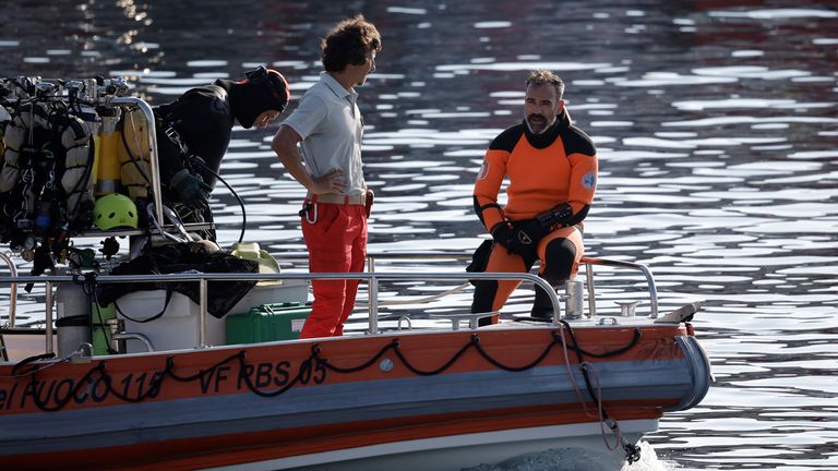 A rescue boat with rescue personnel on board resumes search operations for British tech entrepreneur Mike Lynch's daughter Hannah Lynch, at the scene where a luxury yacht sank, off the coast of Porticello, near the Sicilian city of Palermo, Italy, August 23, 2024. REUTERS/Louiza Vradi