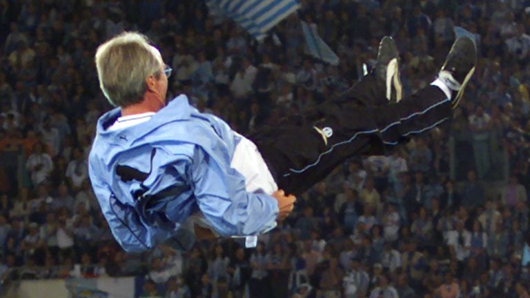 Lazio coach,Sven Goran-Eriksson, is thrown up into the air by his team during the official party to celebrate Lazio winning Italy's soccer championship at Rome's Olympic stadium 