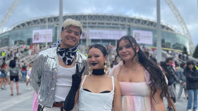 Taylor Swift fans Fame Grayson (middle), Fan Grayson (left) and Siobhan Grayson, outside of Wembley Stadium on 15 August